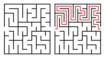 Abstract maze. Find right way. Isolated simple square maze black line on white background. Vector illustration.