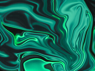 Abstract green and black liquid texture. Mixed colors with curves, waves and swirls. Fluid art. Creative contemporary illustration.