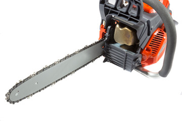 Fototapeta premium red new chainsaw on a white background