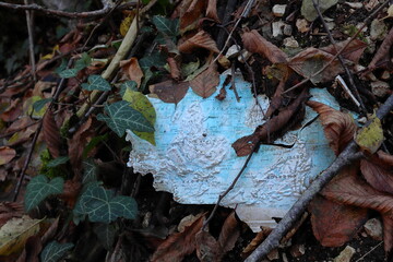 old broken coloured globe map abandoned among the leaves of the forest - environmental contamination