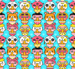 Cute funny noodles eat seamless pattern. Vector hand drawn cartoon kawaii character illustration icon. Different people, tiger, dog, alien eat asian noodles food seamless pattern,wallpaper concept