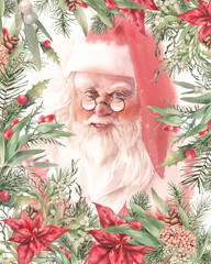 Watercolor Christmas card: Santa Claus portrait. Botanical greeting design with traditional plants decor: mistletoe, eucalyptus leaves, holly, spruce, berries. Holiday illustration