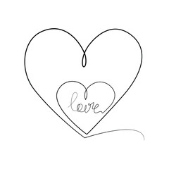 A line enclosing two hearts. Favorite illustration for Valentine's Day or wedding. Isolation over white. Romantic invitations, murals, printing. Vector minimalist description of the concept of love.