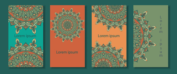 Four backgrounds of different colors with colorful mandala. Ethnic ornament in the design of cards, invitations, labels, packages, cards, business cards.