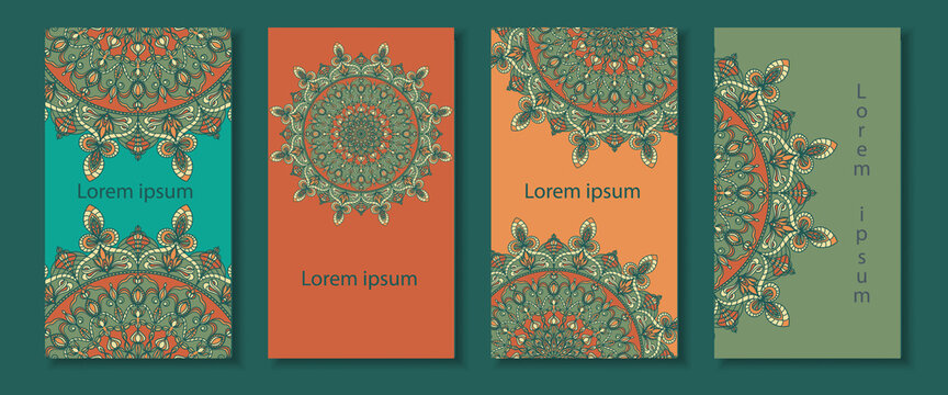 Four backgrounds of different colors with colorful mandala. Ethnic ornament in the design of cards, invitations, labels, packages, cards, business cards.
