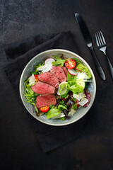 Modern style traditional fried dry aged bison beef rump steak slices with vegetable, lettuce and parmesan cheese served as top view in a Nordic design bowl with copy space