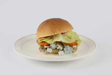 Hamburger with screw, cheese, lettuce and tomato