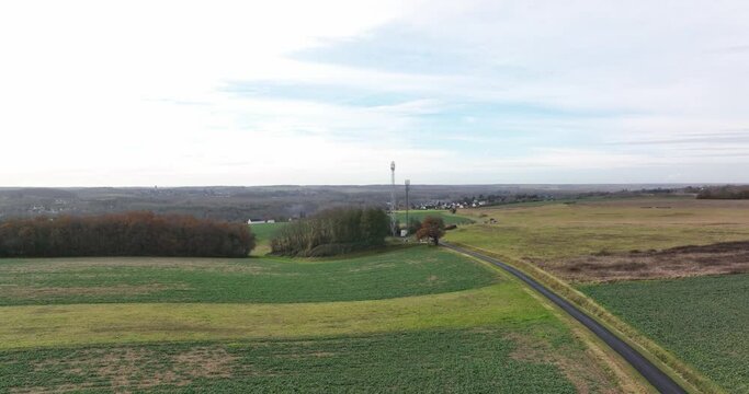 Aerial view of mobile network antennas in France countryside, next to the Loire Valley.