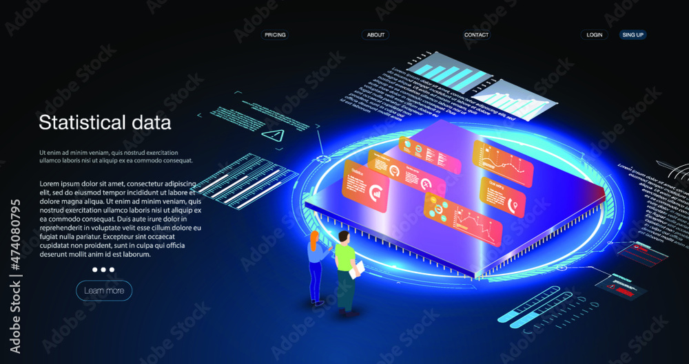 Poster futuristic microchip processor with lights on the blue background. quantum computer, large data proc