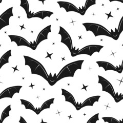 Bats and stars black and white vector seamless pattern