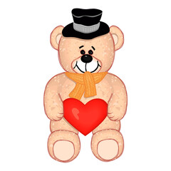 Teddy bear in a black hat holds a red heart in his hands. Cute childish toy in a knitted scarf and isolated on a white background.Vector cartoon style illustration.