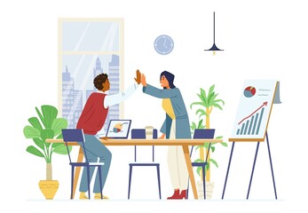 Business colleagues celebrates successful project. Man and woman giving high five.