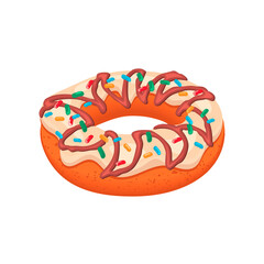 Donut with cream and chocolate fondant isolated on white . Delicious dessert decorated with multicolored powder.3D food icon.Yummy doughnut drawn in cartoon style.Realistic vector illustration.