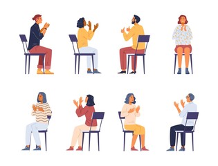Different people applauding sitting on chairs vector illustrations set.