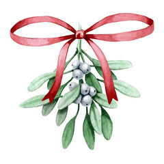Christmas traditional watercolor hanging mistletoe bouquet with red bow isolated on white background, plant illustration for winter holidays design