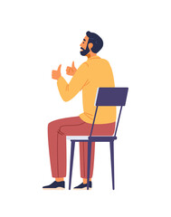 Smiling man sitting back on chair showing thumbs up flat vector isolated illustration.