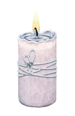 Watercolor white candle. Christmas decor.