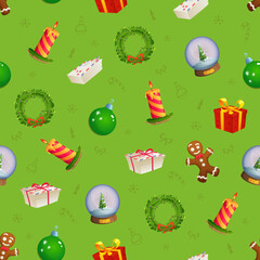 Vector Christmas pattern on green background with design of Christmas wreath, candle, toy ball, gifts, snow globe