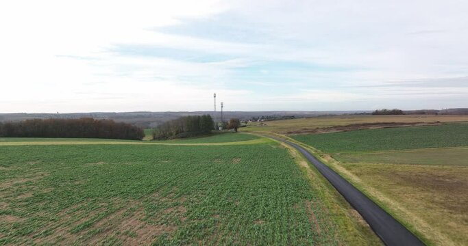 Aerial view of mobile network antennas in France countryside, next to the Loire Valley.