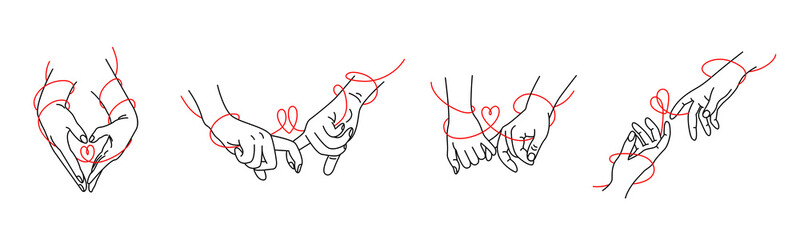 A set of touching hands and intertwined fingers drawn in black contour lines on a white background. Vector illustration.