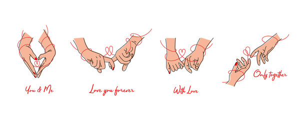 A colored set of touching hands and intertwined fingers drawn in black contour lines with inscription on a white background. Vector illustration.