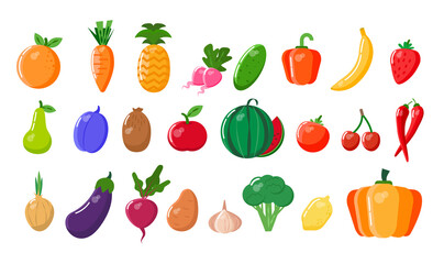 Bright set of fruits and vegetables. Vector illustration.