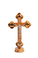 Fototapeta na wymiar Wooden crucifix standing on white background.