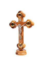 Fototapeta na wymiar Wooden crucifix standing on white background.
