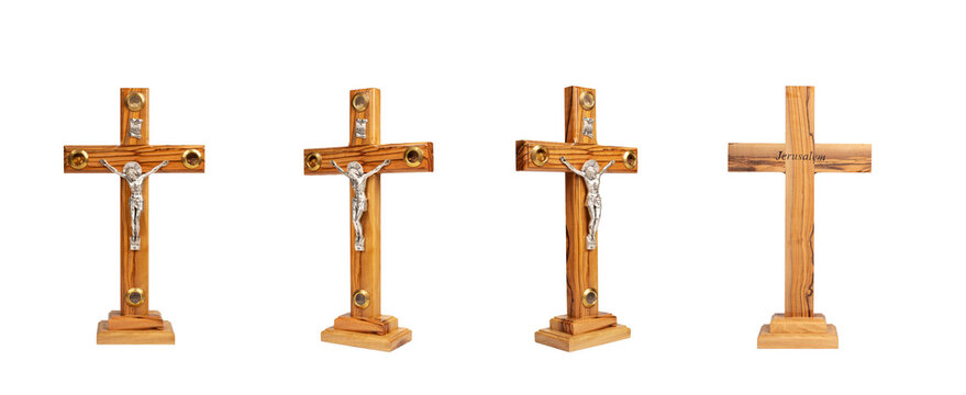  Set of  Wooden crucifix standing on white background.