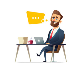 Successful beard businessman character working on a laptop computer at office desk. Business concept illustration