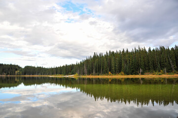 Goldeye lake reflection of campground and mountain park grass green water, near Nordegg, Alberta, Canada