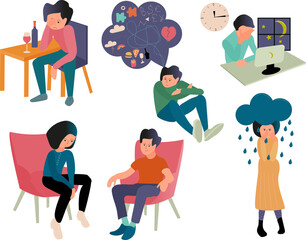 Set of people in depression because of alcoholic, workaholic, mental disorder, love, money, business
