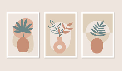 Wall art set with abstract leaves in clay vases and shapes. Contemporary poster collection. Boho style flowers. Modern floral vector illustration.