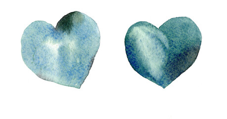 Two green-blue watercolour hearts on white background. 