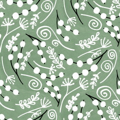 Seamless hand drawn botanical pattern with simple floral black and white elements on a light green background. For home textile and gift wrapping paper design.
