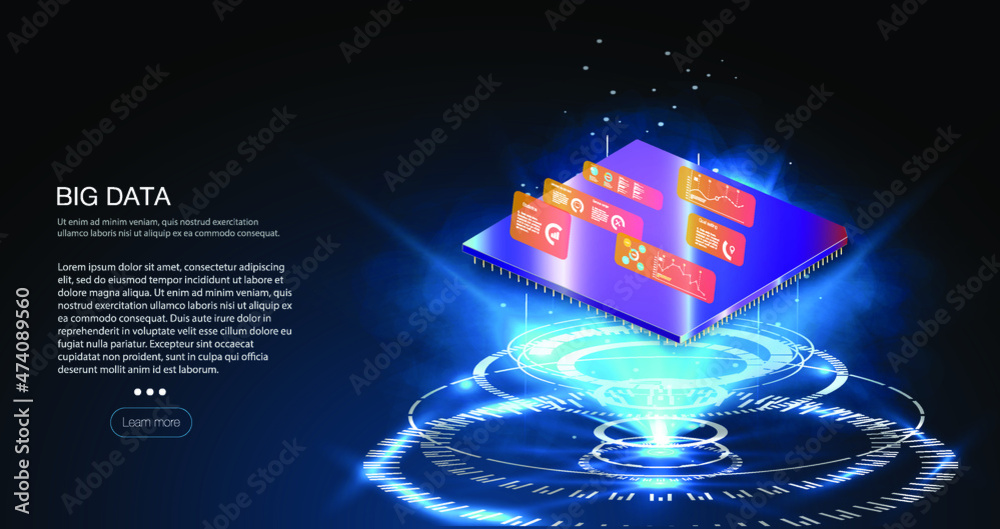 Poster futuristic microchip processor with lights on the blue background. quantum computer, large data proc