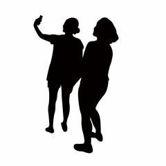 two women making selfie, silhouette vector