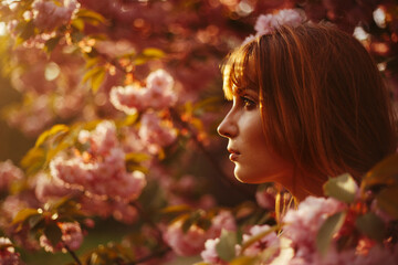 a red-haired girl with fringe looks curiously while standing between the flowers of a blossoming...
