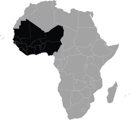 Naklejka premium vector illustration of Black map of countries of West region of Africa inside gray map of Africa