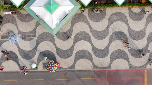 Top down aerial view of people walking on the famous Copacabana Beach sidewalk in Rio de Janeiro, Brazil.