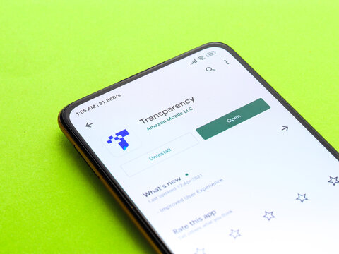 West Bangal, India - December 05, 2021 : Amazon Transparency logo on phone screen stock image.
