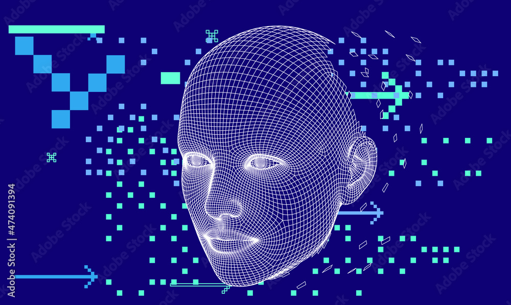 Aufkleber 3D low poly wireframe model of a human head made of triangular pieces. Concept illustration of Artificial intelligence and Neural Network.