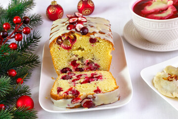 Cranberry cake topped with white chocolate