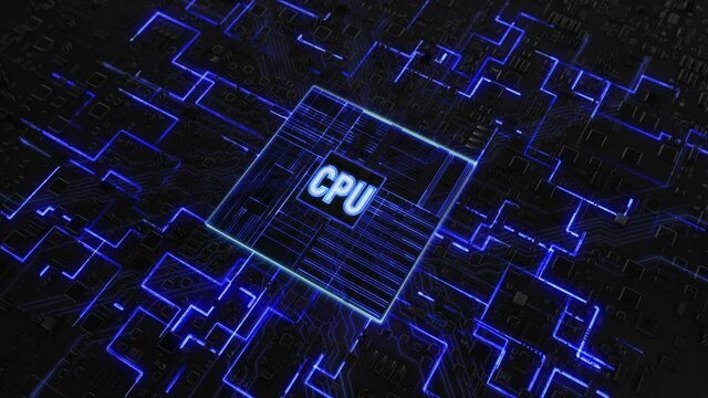 Central Processing Unit. Futuristic Animation Inside Computer Motherboard. Hi Tech GPU CPU Micro Processor With Neon Lights Artificial Intelligence Digitalization Of Neural Networking.