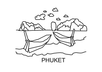 Phuket lineart illustration. Phuket line drawing. Modern style Phuket city illustration. Hand sketched poster, banner, postcard, card template for travel company, T-shirt, shirt. Vector EPS 10. beach