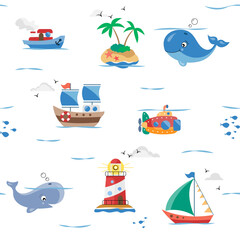 Isolated seamless pattern.Kids textile pattern.Texture for fabric, wrapping, textile, wallpaper, apparel.Repeated texture with sea cartoon characters. Islands, ships, whales, lighthouse.