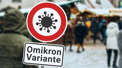 Omicron Variante Covid-19-Virus im Winter. Leute auf dem Markt, draußen schneit es.