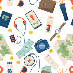 Time to travel concept. Travel seamless pattern. Vector illustration.