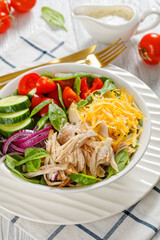 Chicken Salad with fresh spinach, cucumber, cheese