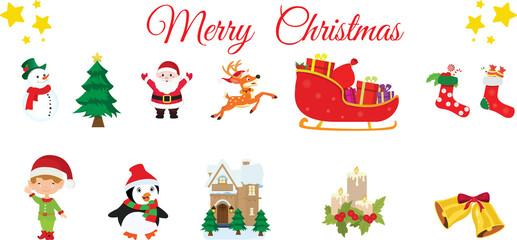 Christmas design elements, Vector, quality design, decorotive items, Santa, Xmas, bell, cute penguin, pine tree, christmas house, deer, penguin, elf boy etc.